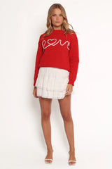 Love Embroidered Knit Sweater - Red