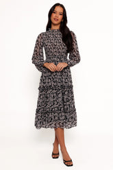Edwina Shirred Frill Long Sleeve Midi Dress - Black Floral