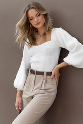 Gia Sweetheart Neck Bell Sleeve Knit Sweater - White
