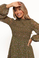 Edwina Shirred Frill Long Sleeve Midi Dress - Olive Floral