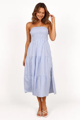 Maisie Strapless Midi Dress - Blue Stripe