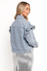 Hadley Ruffle Sleeve Denim Jacket - Mid Denim