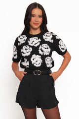 Lumara Texture Flower Short Sleeve Sweater - Black