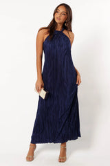 Melody Plisse Halter Maxi Dress - Navy
