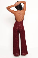 Khianna Sequin One Shoulder Jumpsuit - Red