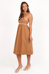 Lino Contrast Trim Midi Dress - Tan White