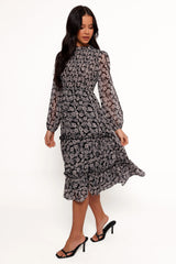 Edwina Shirred Frill Long Sleeve Midi Dress - Black Floral