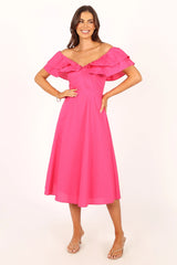 Cabo Frill Sleeve Midi Dress - Magenta
