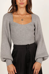 Gia Sweetheart Neck Bell Sleeve Knit Sweater - Light Grey