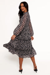 Edwina Shirred Frill Long Sleeve Midi Dress - Black Floral