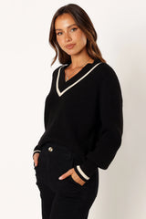 Dominique Contrast Vneck Knit Sweater - Black/Cream