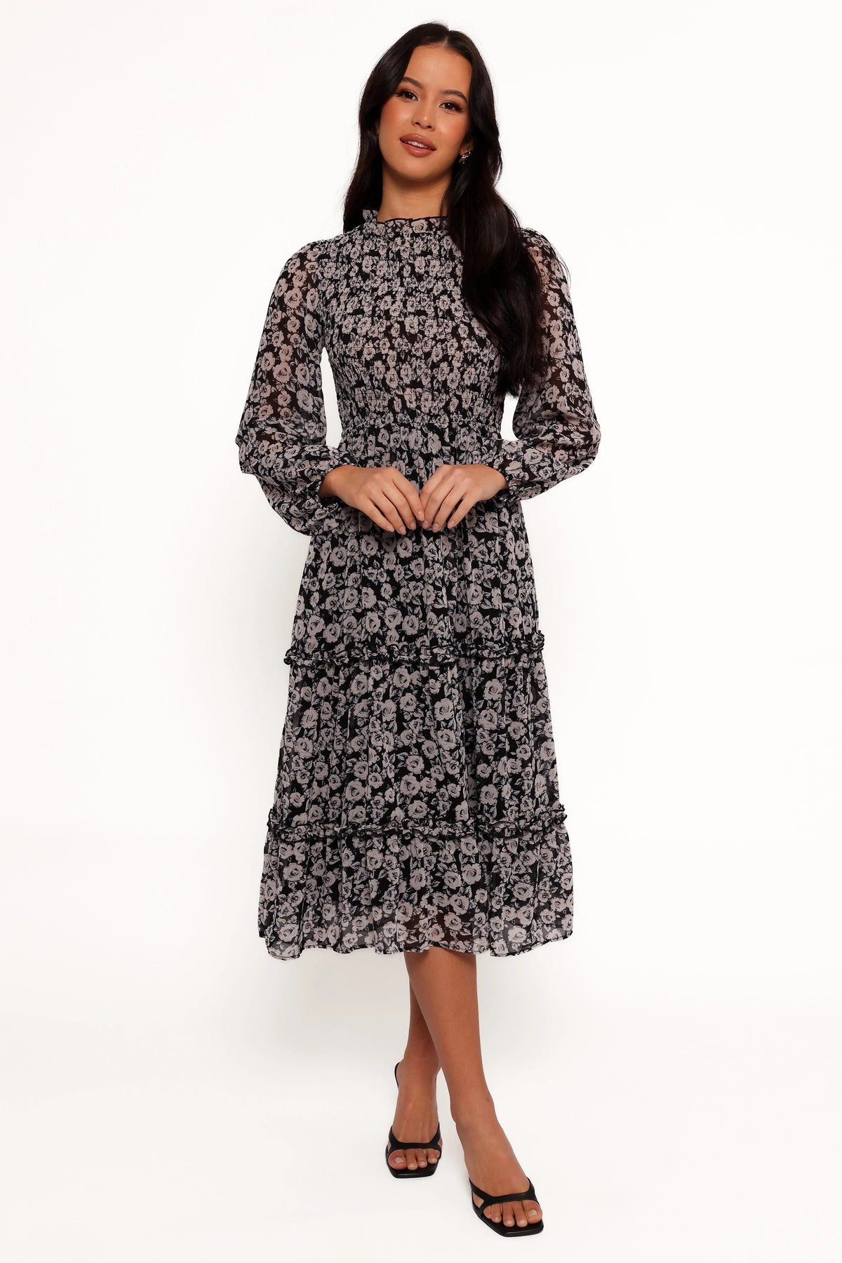 Edwina Shirred Frill Long Sleeve Midi Dress - Black Floral