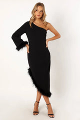 Dame One Shoulder Feather Midi Dress - Black