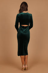 Lisse Twist Front Long Sleeve Velvet Midi Dress - Emerald