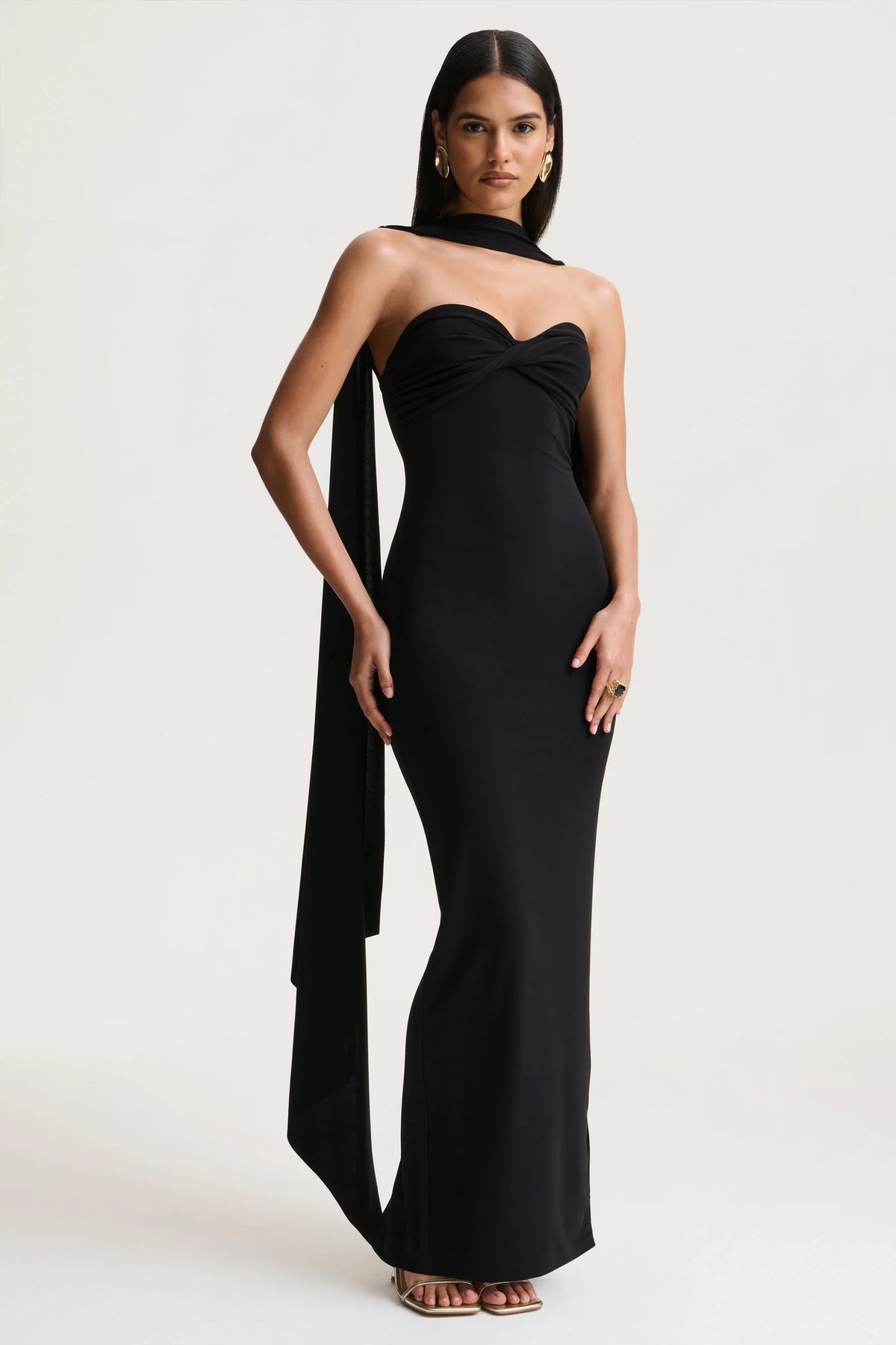 Sheila | Black Bandeau Maxi Dress With Scarf Detail