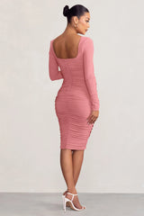 New Life | Pink Maternity Square Neck Ruched Midi Dress