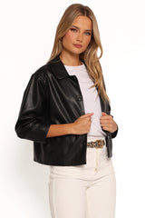 Evora Faux Leather Button Front Jacket - Black