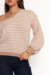 Becca Crewneck Waffle Stitch Stripe Knit Sweater - Tan
