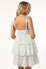 Kylah Ruffle Mini Dress - White Blue Floral